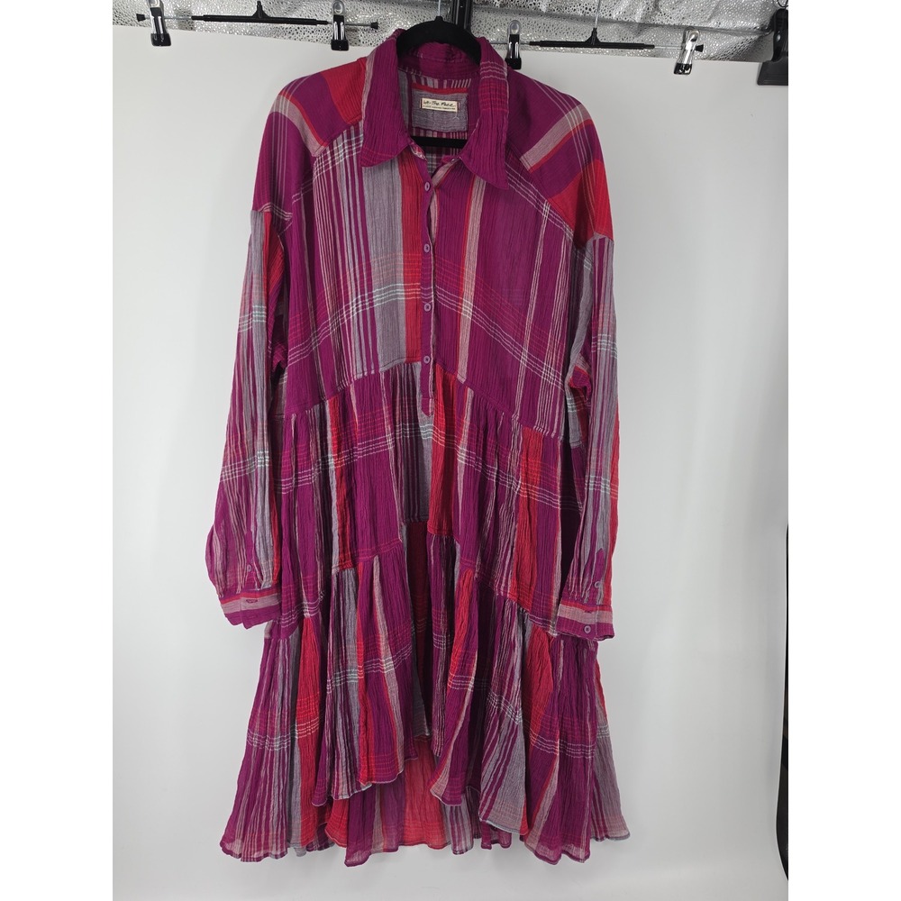 We The Free People Magenta Plaid Tiered Mini Dress Oversized Cotton XL